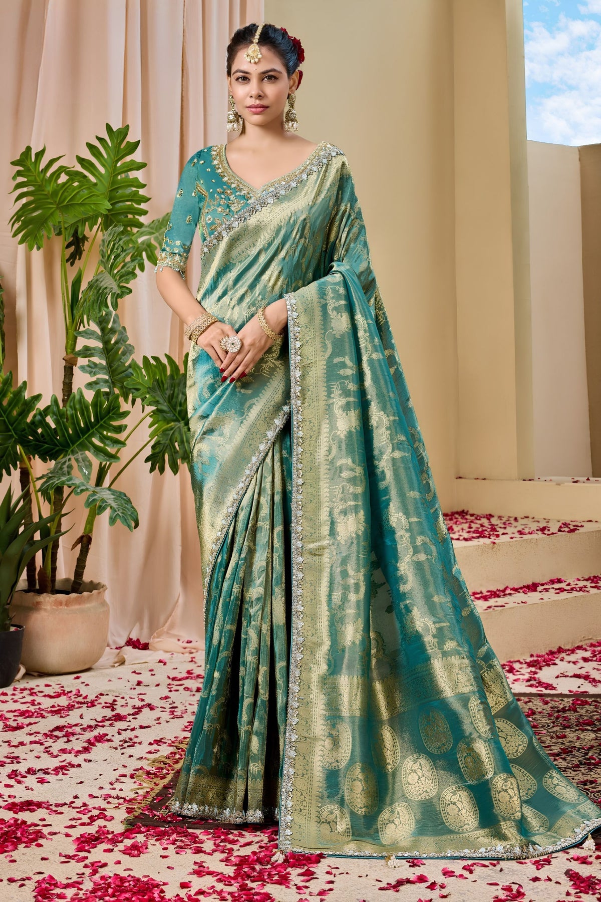 Grateful Teal Green Premium Tissue Silk Heavy Beads Work Saree for Women