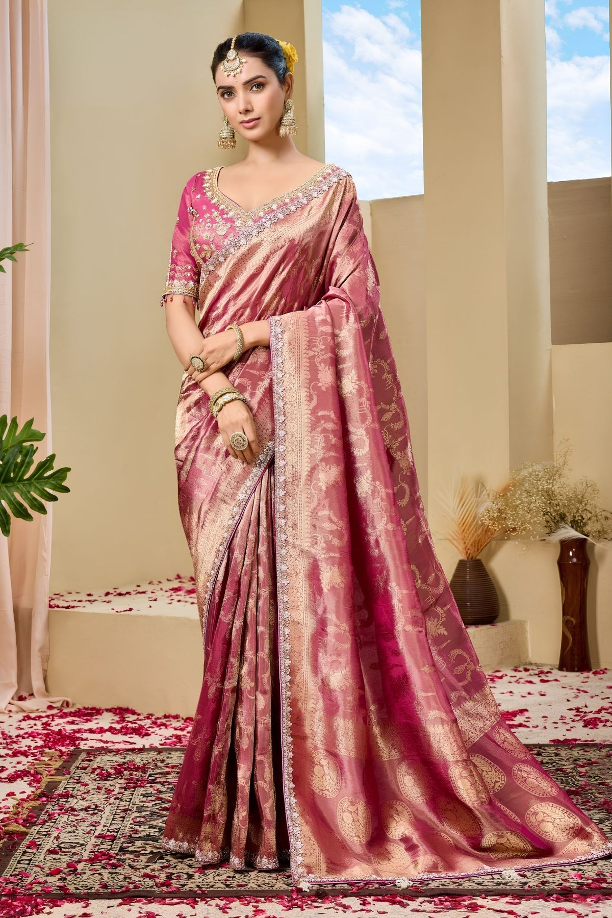 Beautiful Rani Pink Premium Tissue Silk Heavy Beads Work Border Saree for Women
