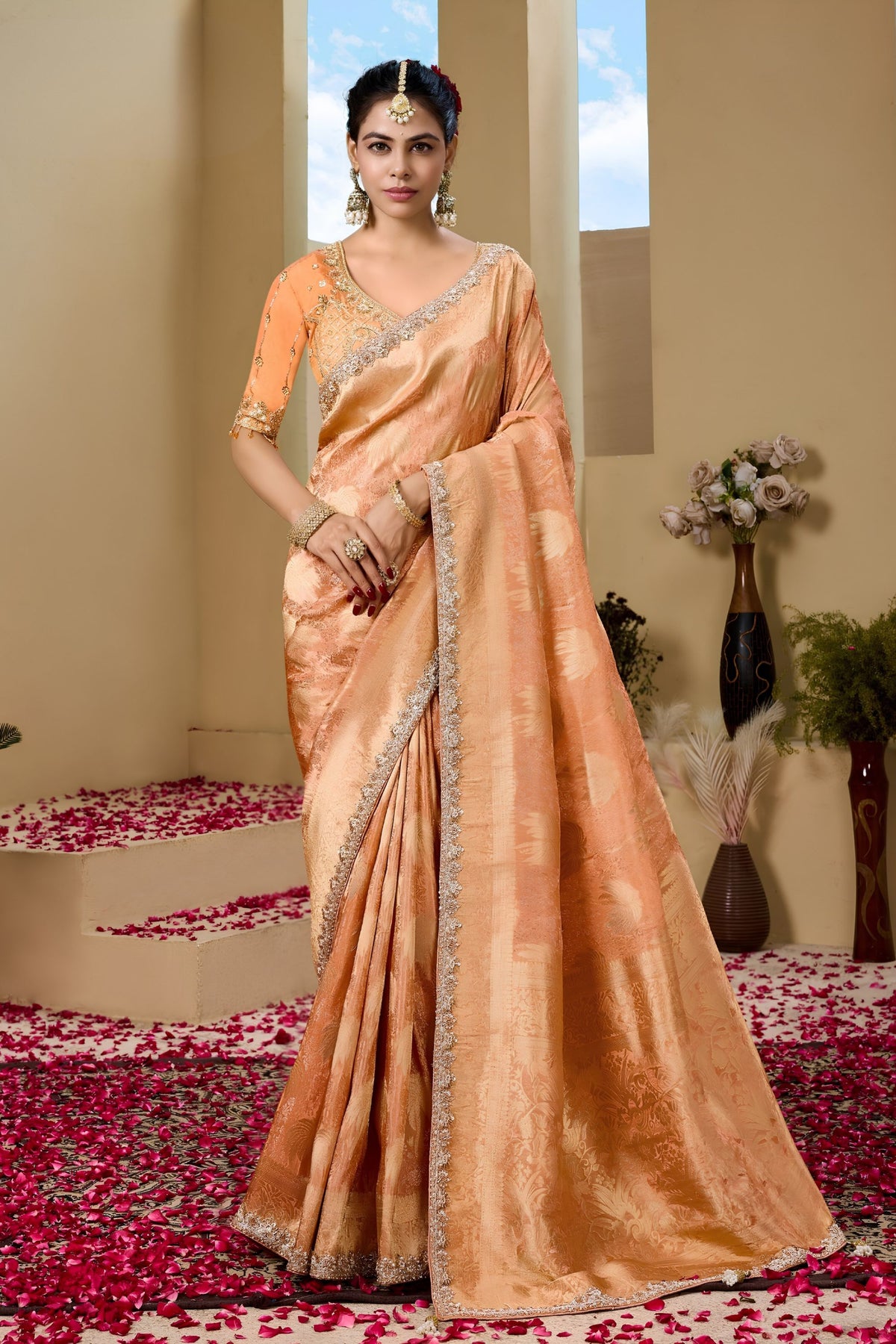 Adorable Peach Premium Tissue Silk Heavy Beads Work Saree for Women