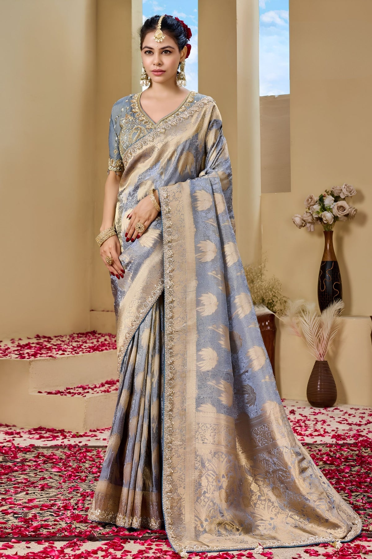 Stylish Gray Premium Tissue Silk Heavy Beads Work Saree for Women