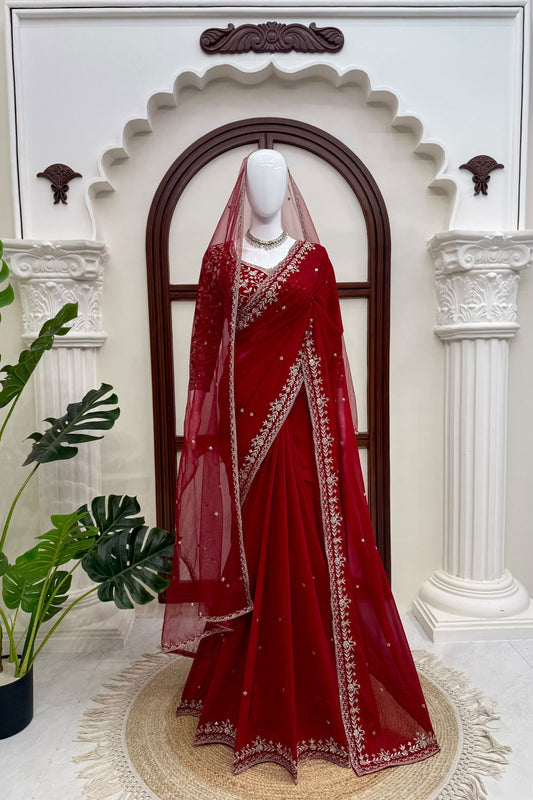 Elegant Red Net Saree with Thread Sequin Work for Women