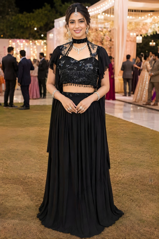 Elegant Black Lycra Embroidered Lehenga Choli with Cape Style Dupatta for Wedding