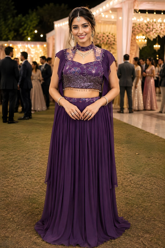 Stylish Purple Lycra Embroidered Lehenga Choli with Cape Style Dupatta for Wedding