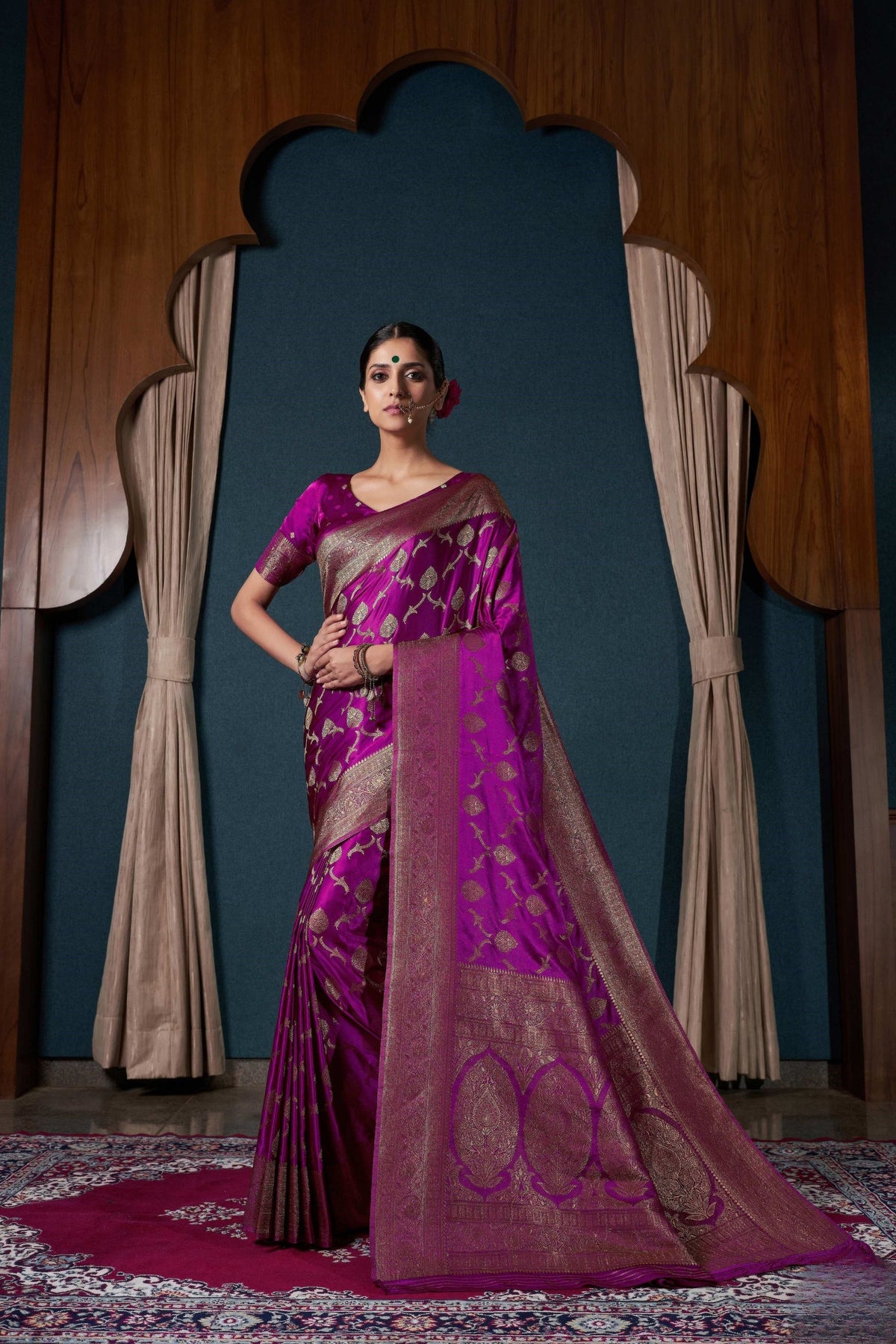 Majestic Purple Pure Satin Silk Banarasi Weaving Saree for Women