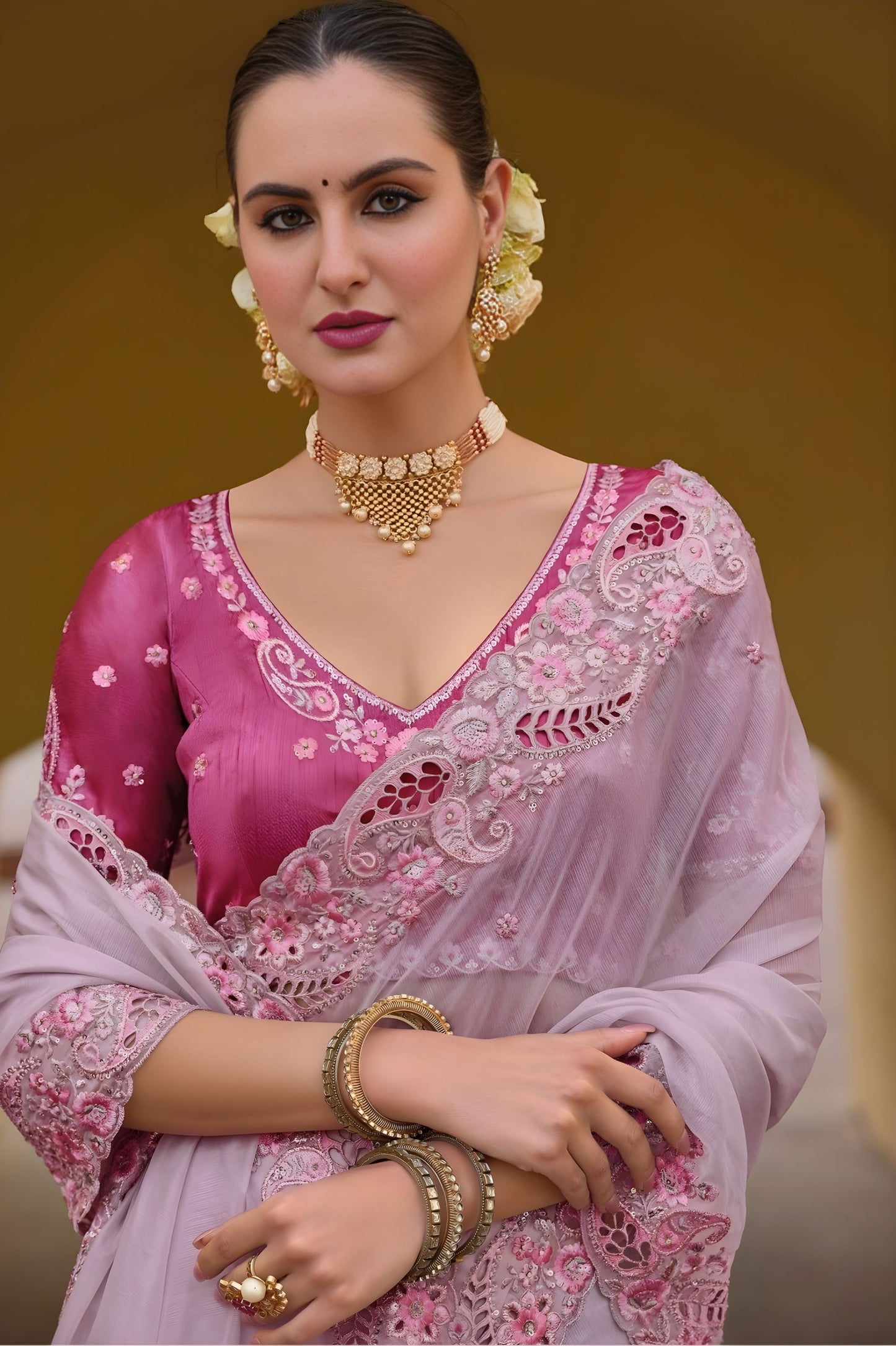 Soft Pink Floral Embroidered Designer Saree with Embroidered Border