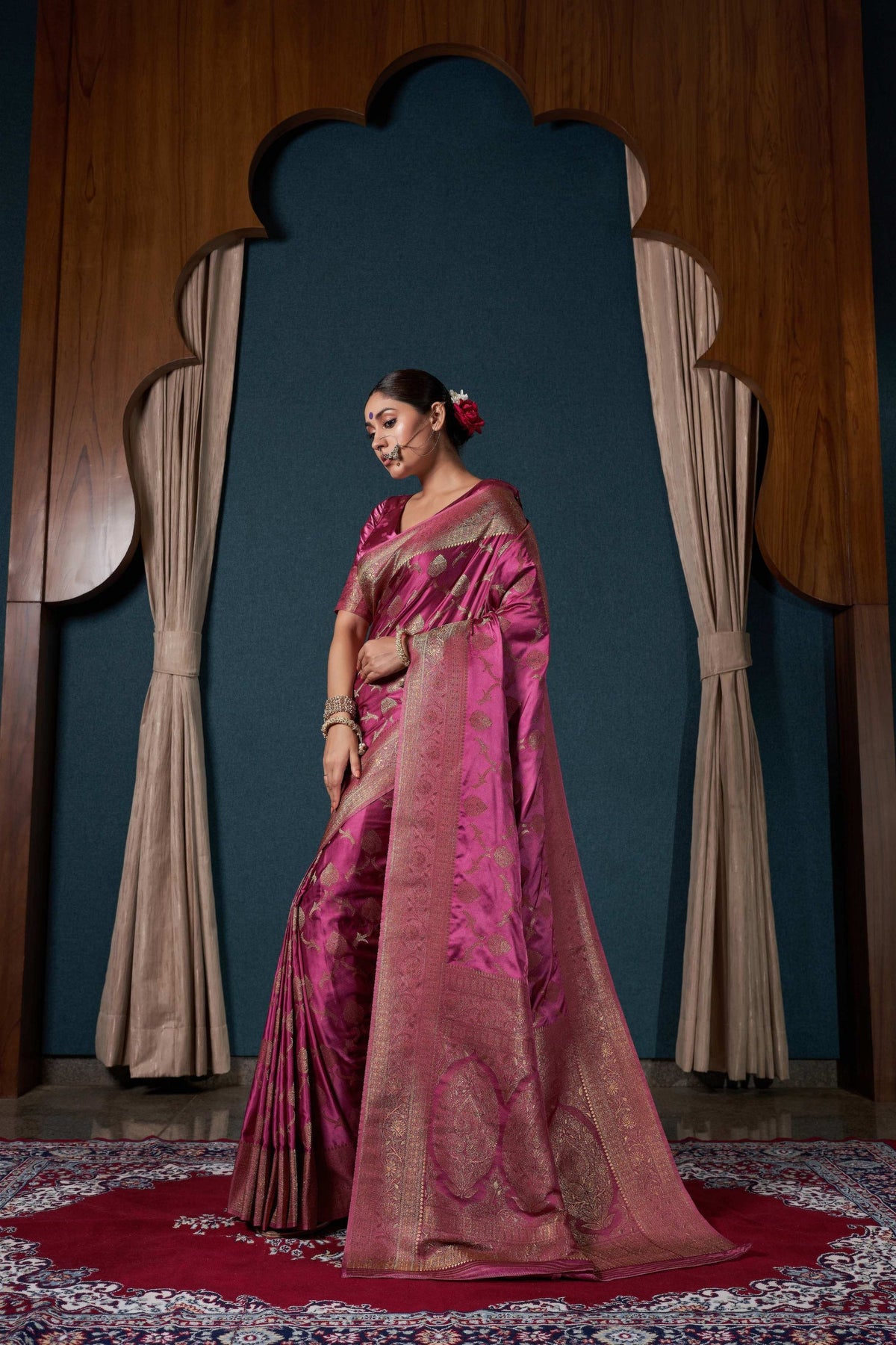 Elegant Magenta Pure Satin Silk Banarasi Weaving Saree for Women