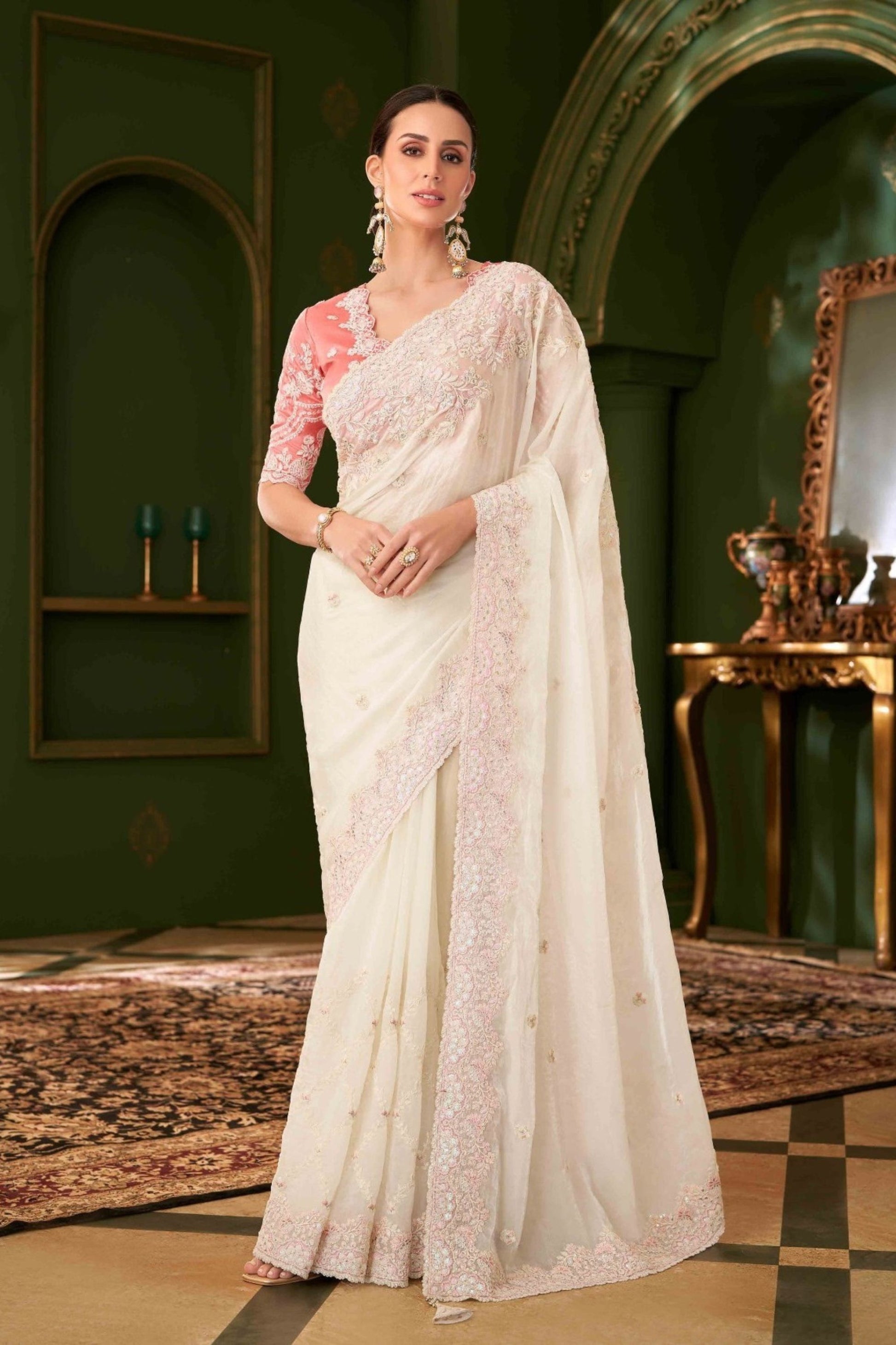 Off White Georgette Saree Peach Designer Blouse