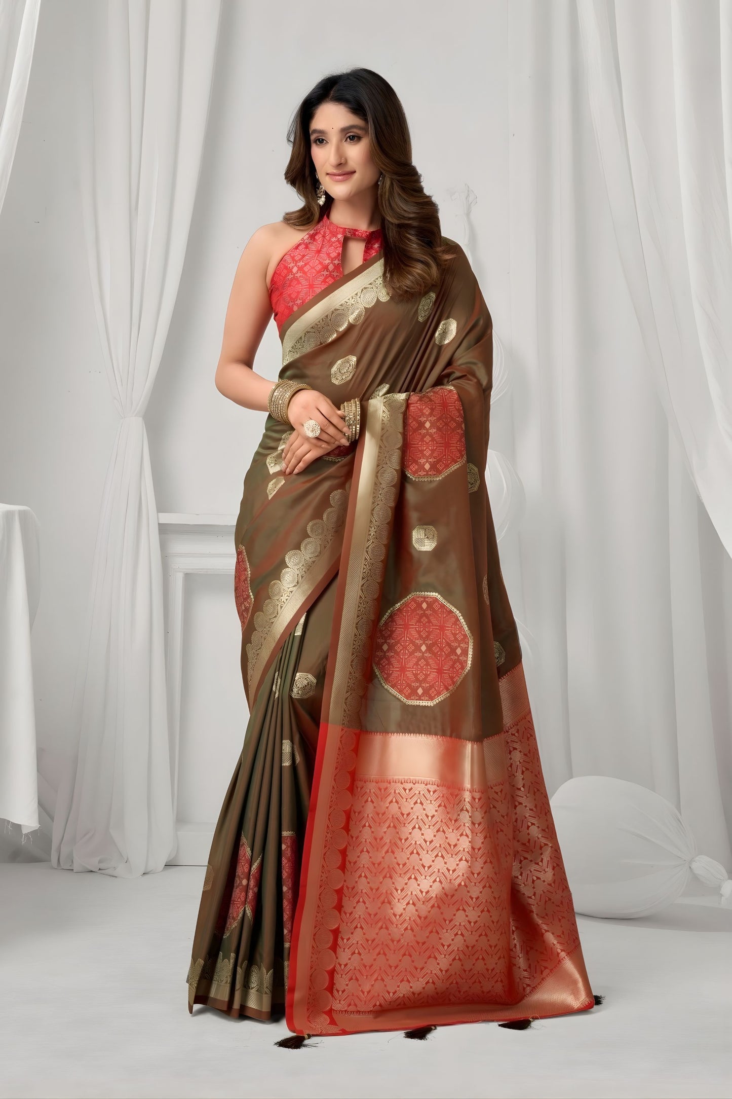 Brown Kanjivaram Silk Saree Red Zari Border Traditional Wear Saree