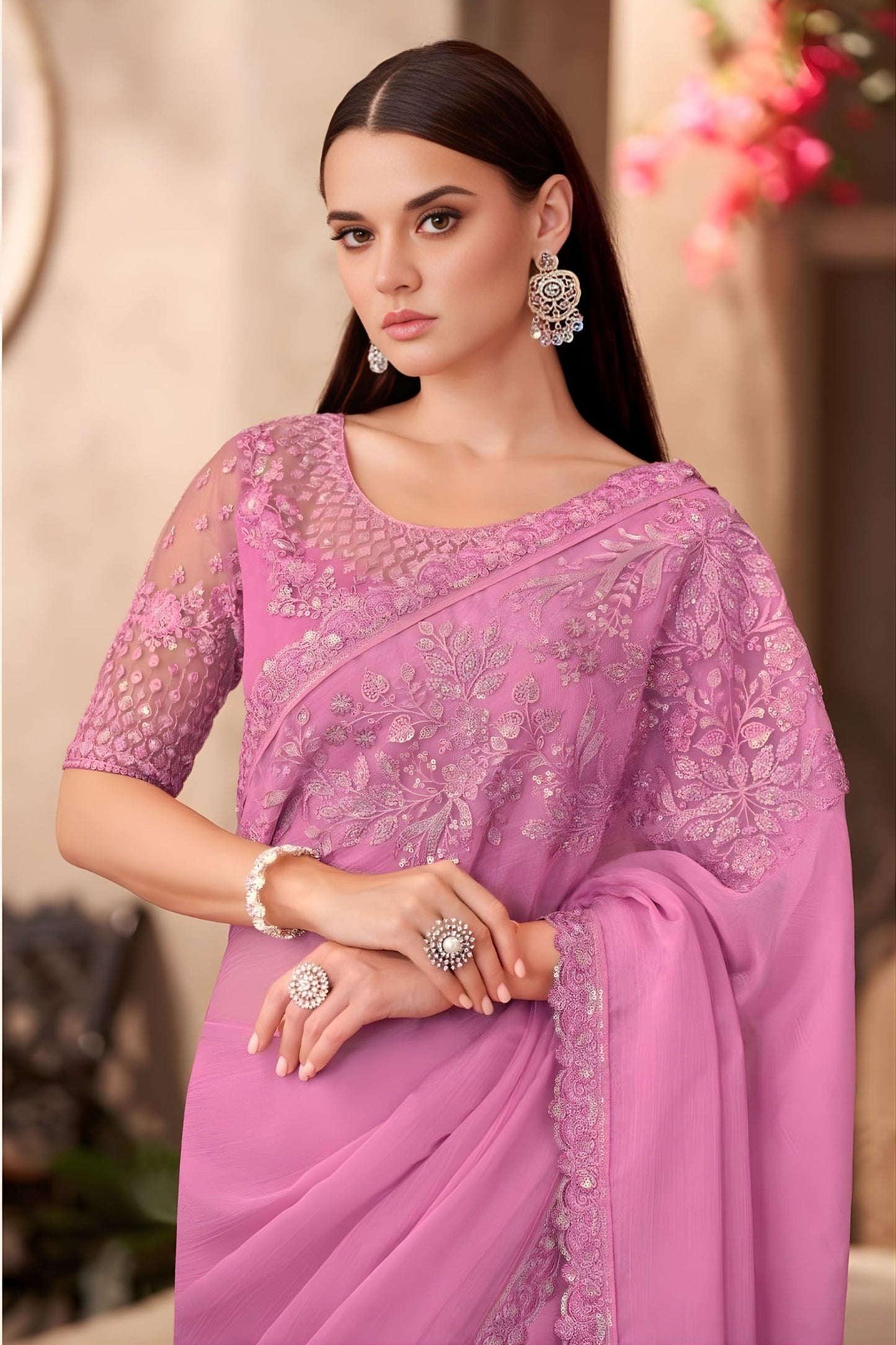 Dusty Pink Georgette Saree Embroidered Border Designer Blouse