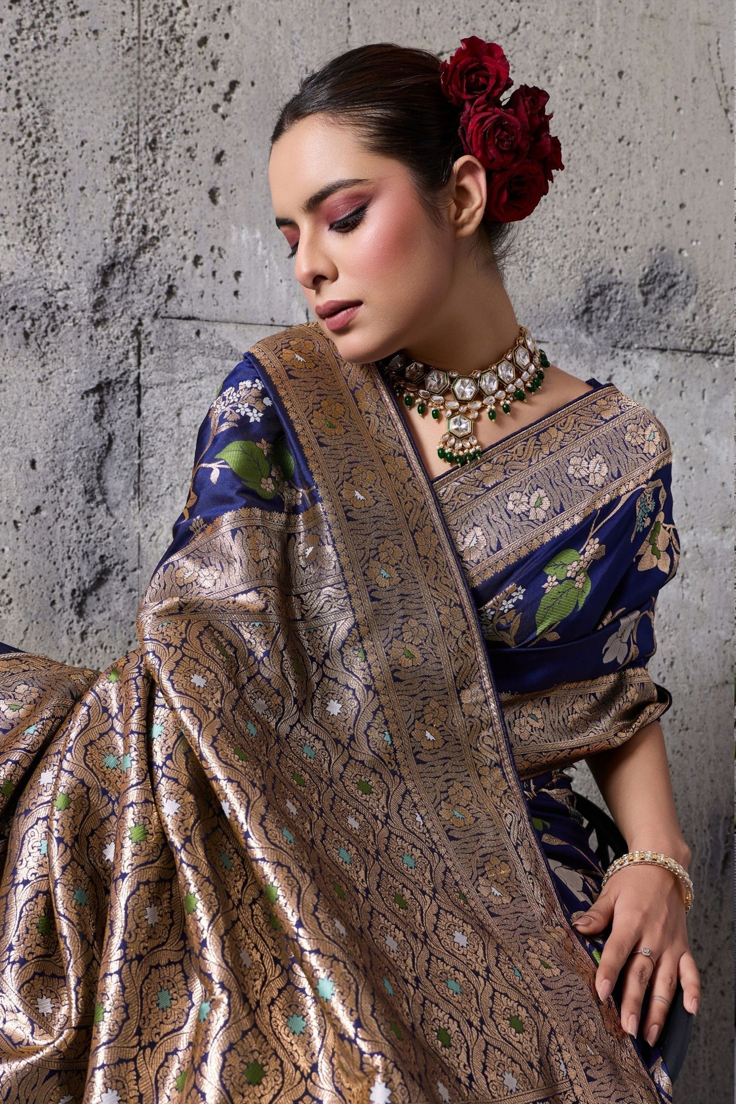 Royal Blue Banarasi Silk Saree Gold Zari Border Floral Weaving Saree