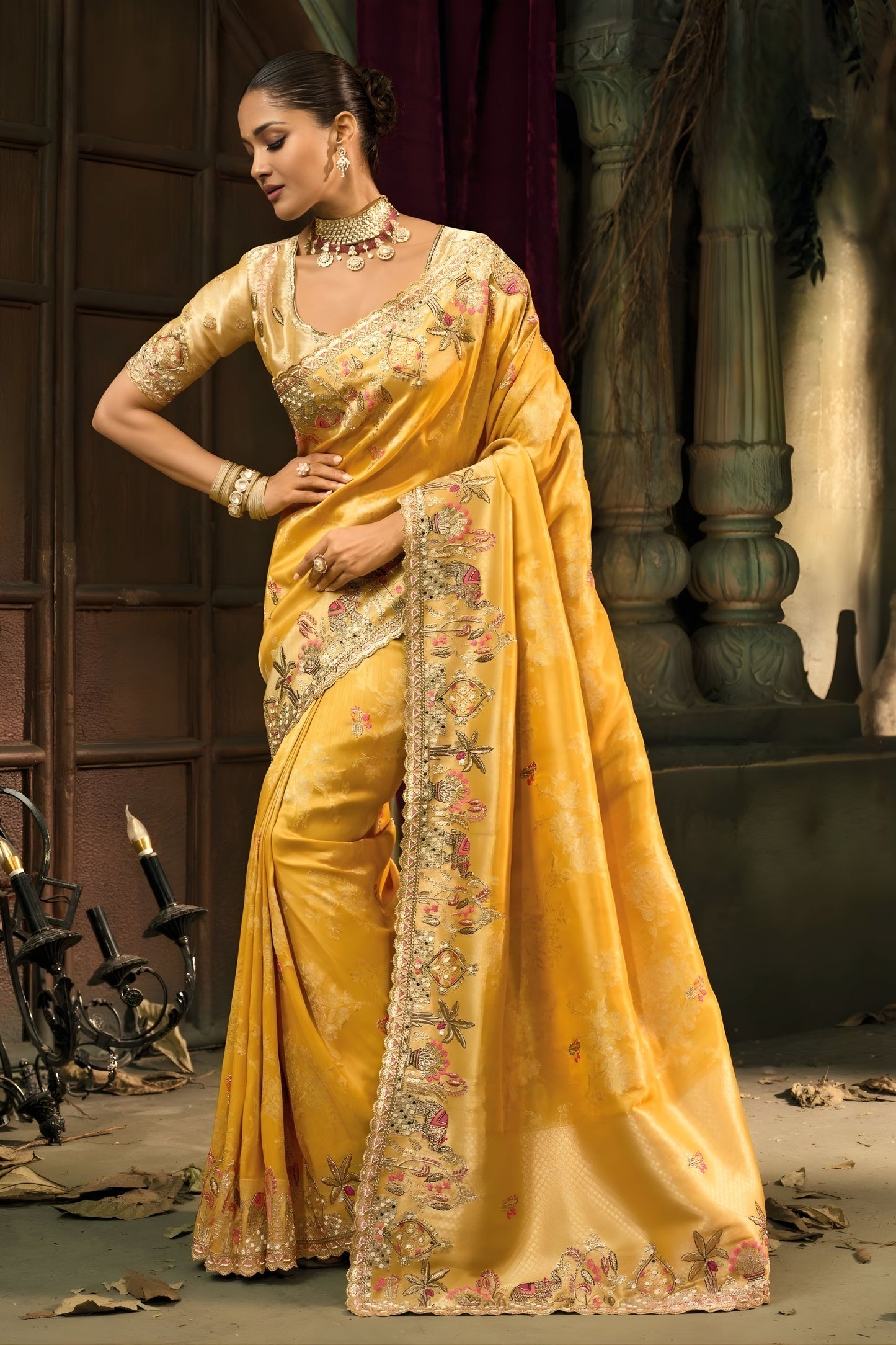 Mustard Yellow Silk Saree Floral Zari Embroidery Designer Blouse