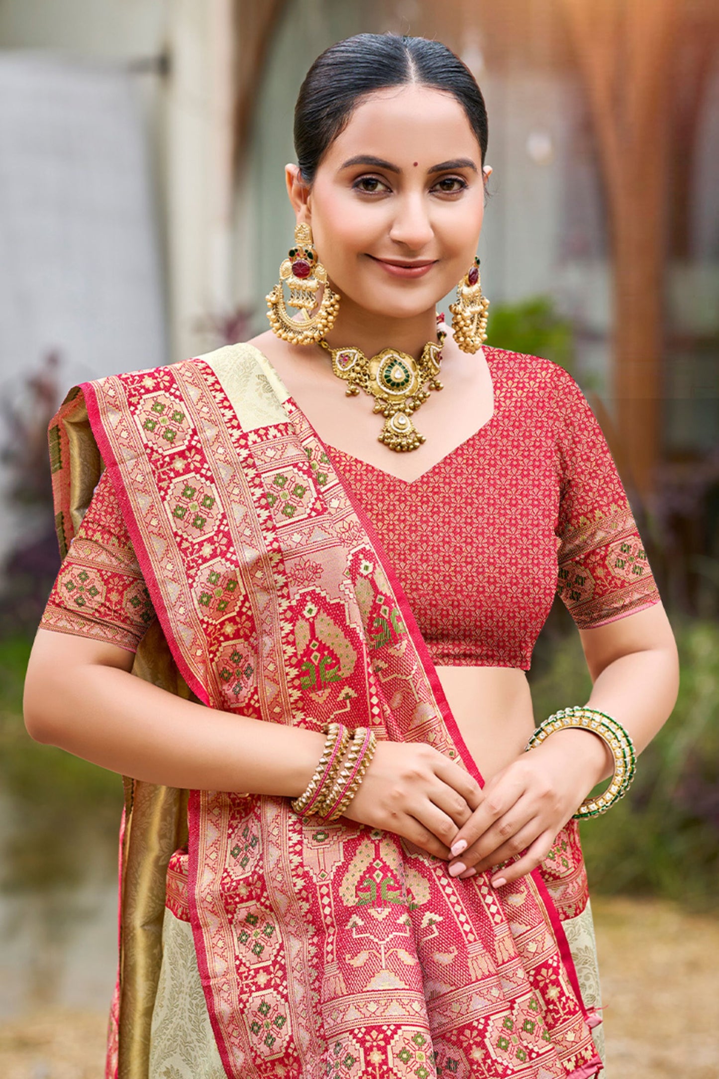 Beige Silk Saree Red Pink Banarasi Border Traditional Saree