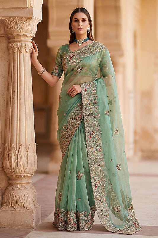 Sea Green Organza Silk Saree with Heavy Embroidery Designer Border