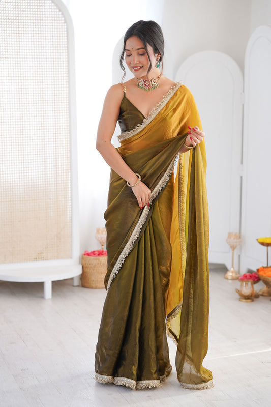 Olive Green Organza Silk Saree Designer Silver Lace Border Matching Blouse