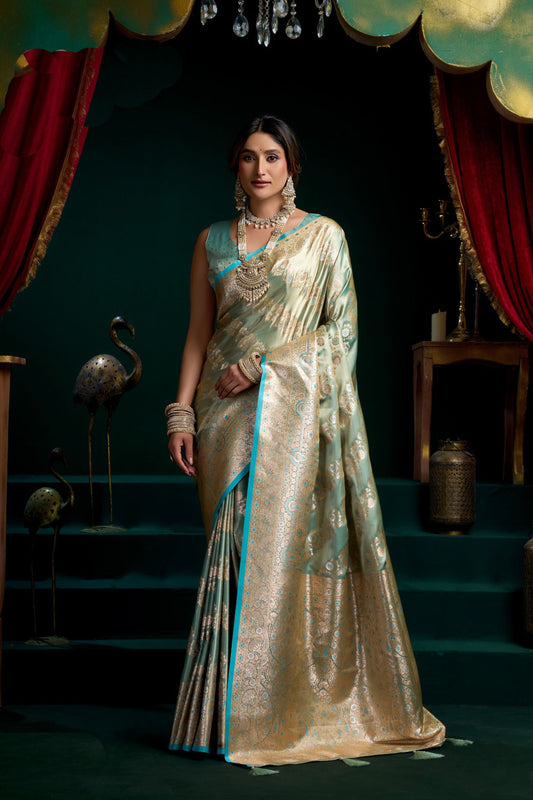 Sea Green Kanjivaram Silk Saree Gold Zari Traditional Wedding Saree