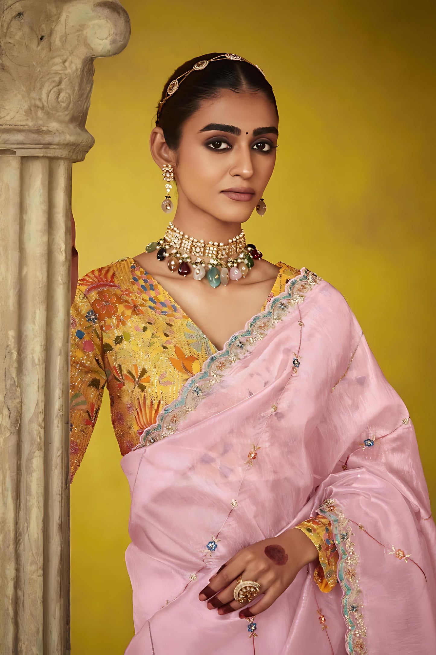 Pink Organza Saree with Embellished Border Designer Blouse