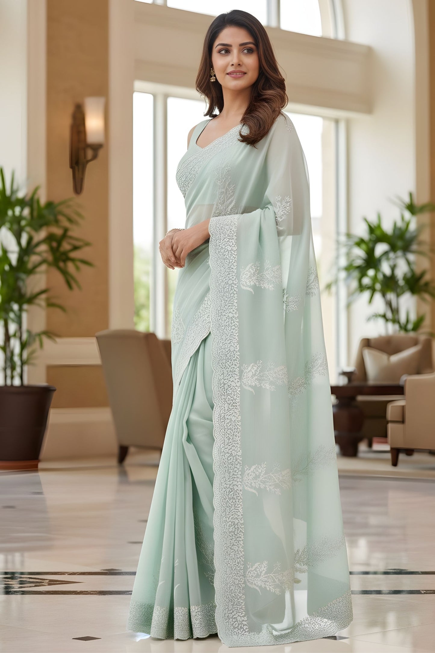 Mint Green Georgette Embroidered Saree with Designer Border