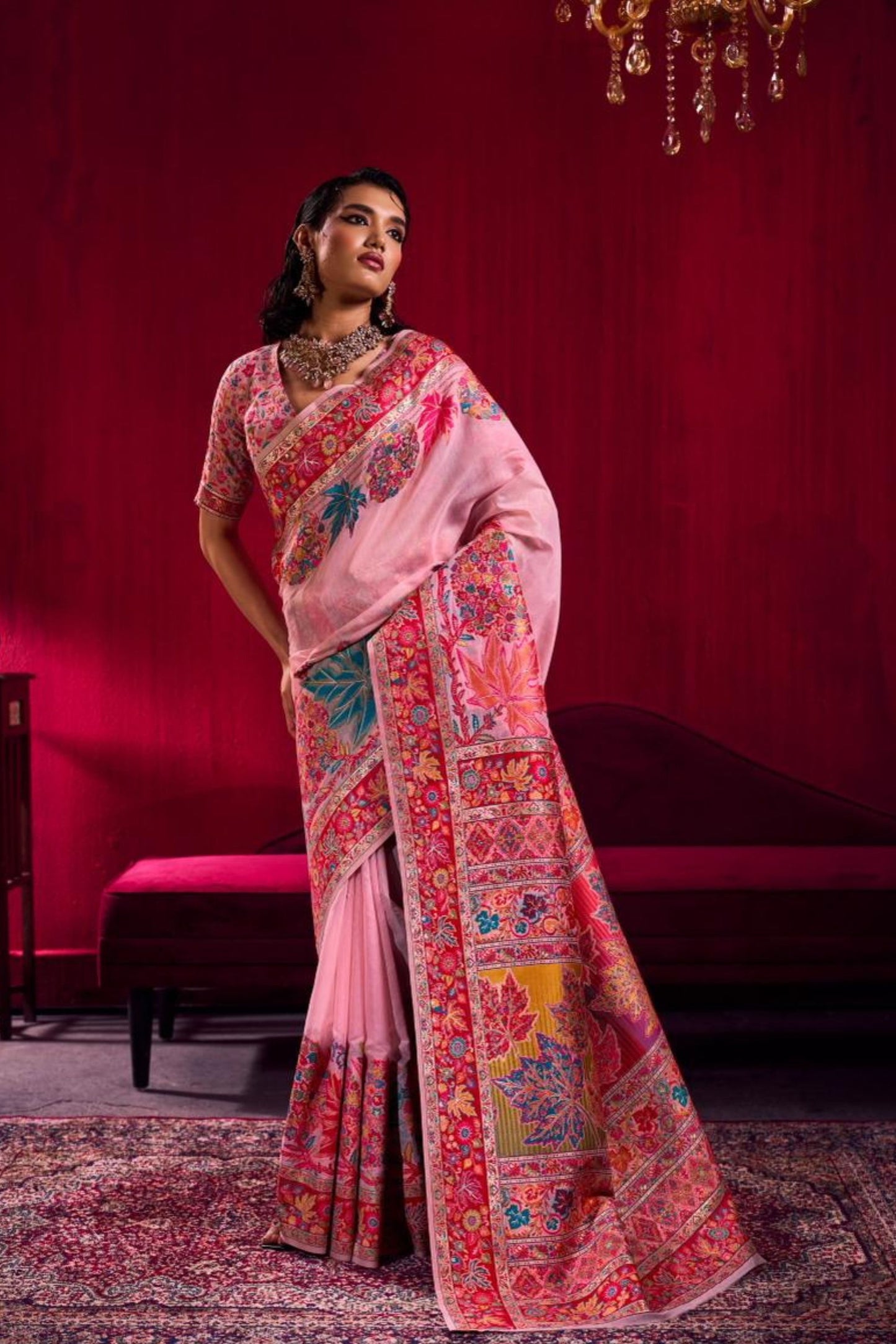 Pink Silk Saree with Red Floral Designer Border Traditional Saree
