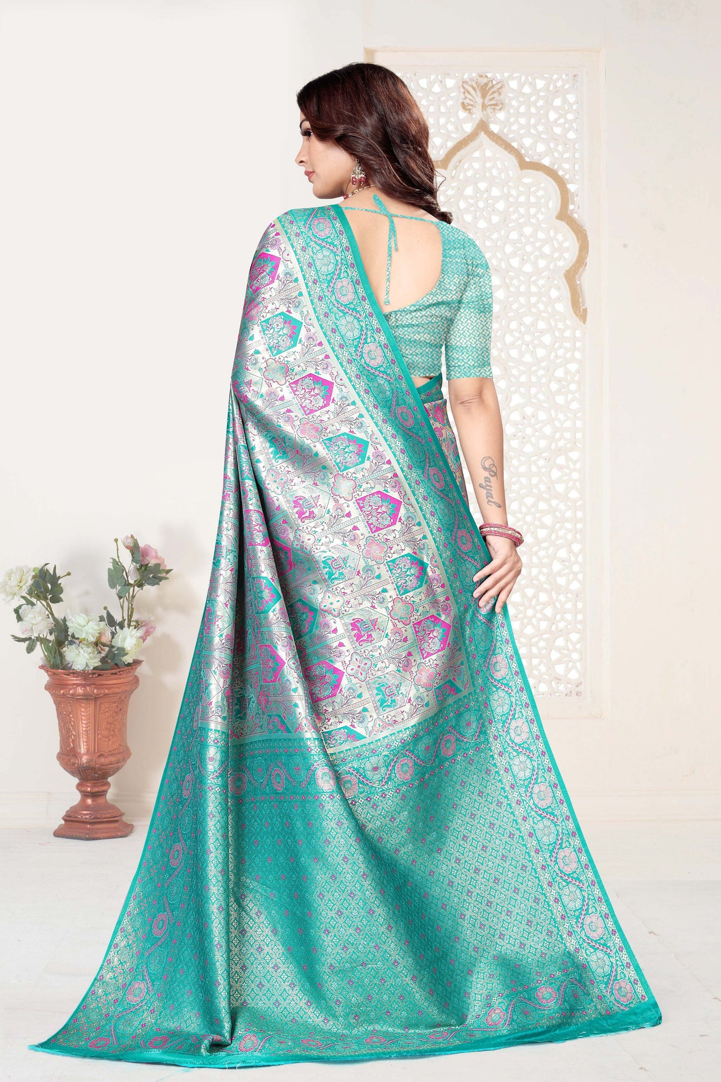 Sea Green Banarasi Silk Saree with Pink Woven Zari Design