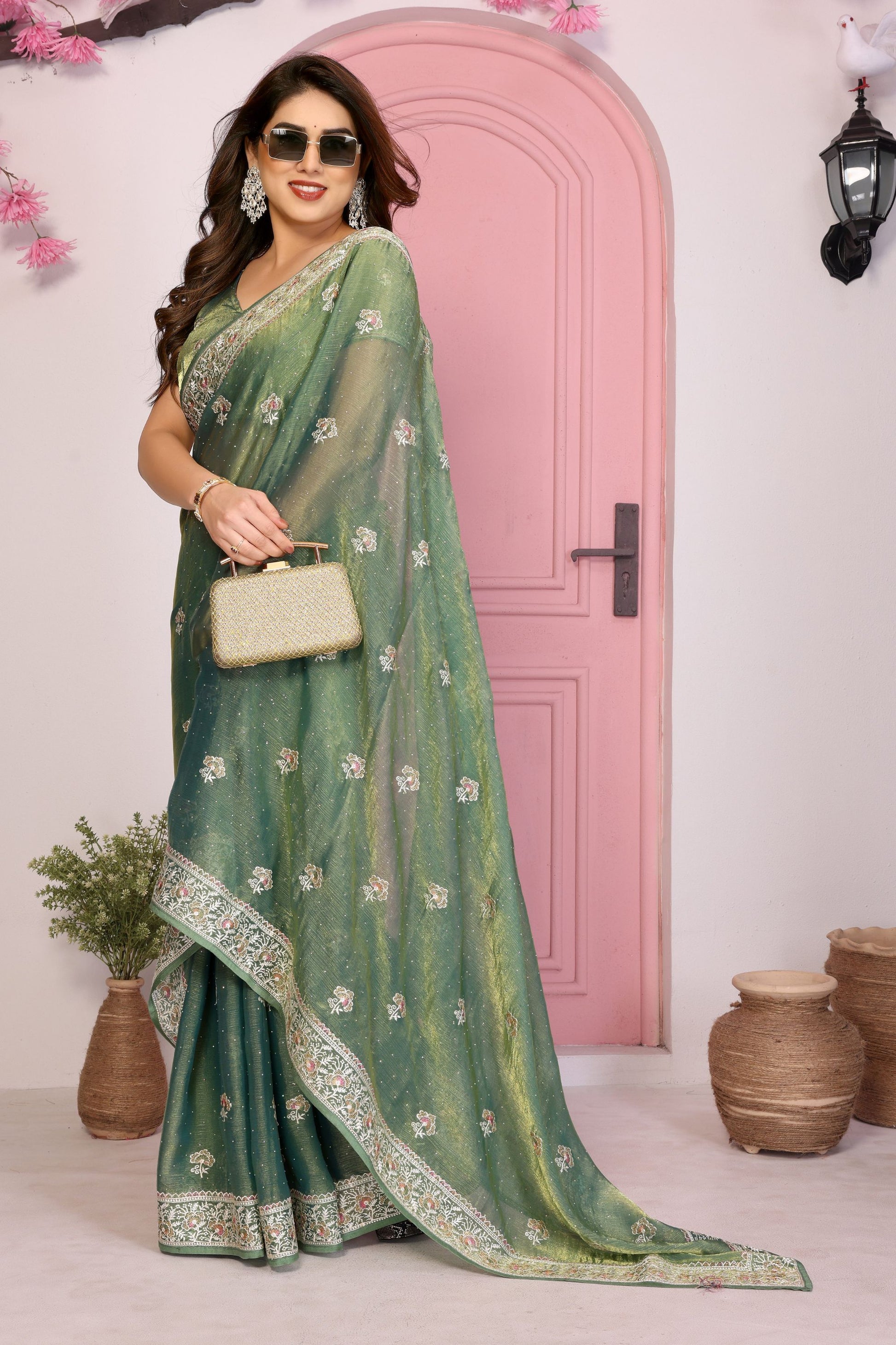 Designer Green Embroidered Saree with Blouse Party Wear