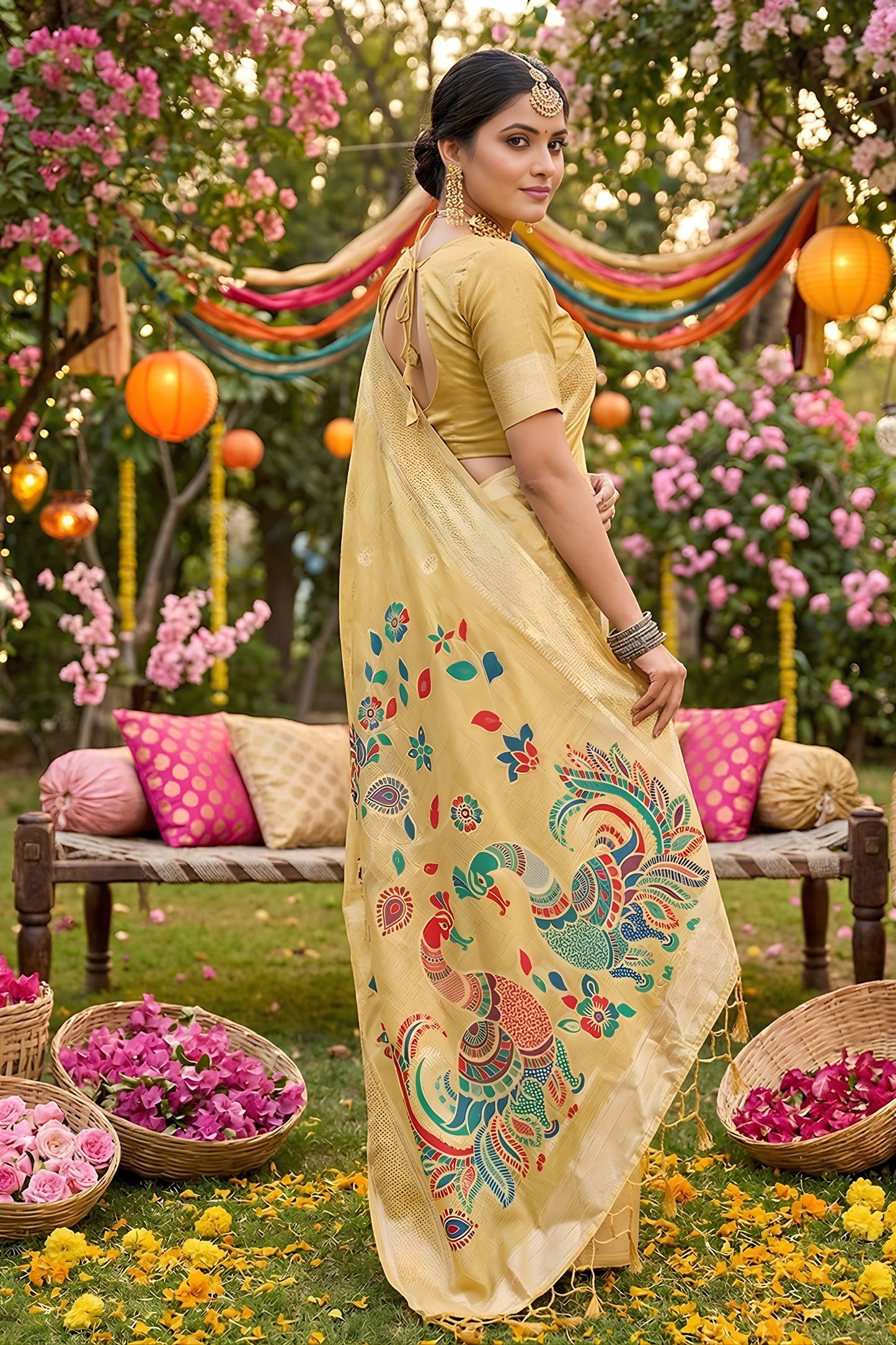 Mustard Yellow Silk Saree Multicolor Peacock Floral Print Zari Border