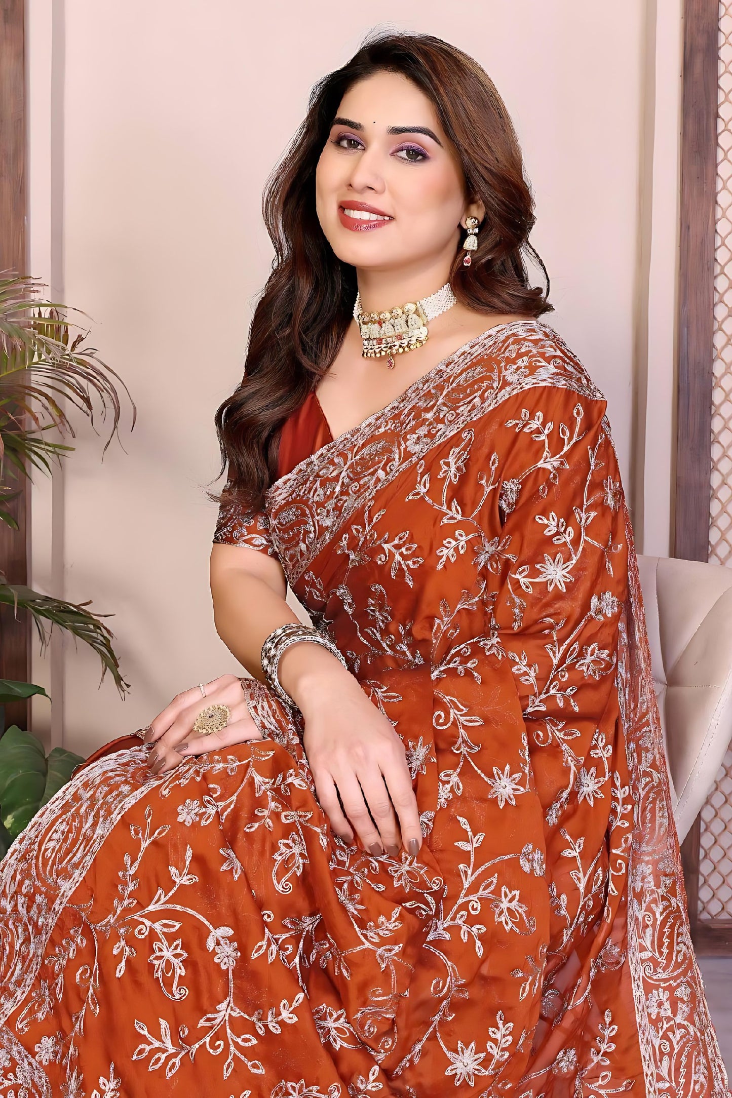 Rust Orange Designer Embroidered Saree Heavy Sequins Work