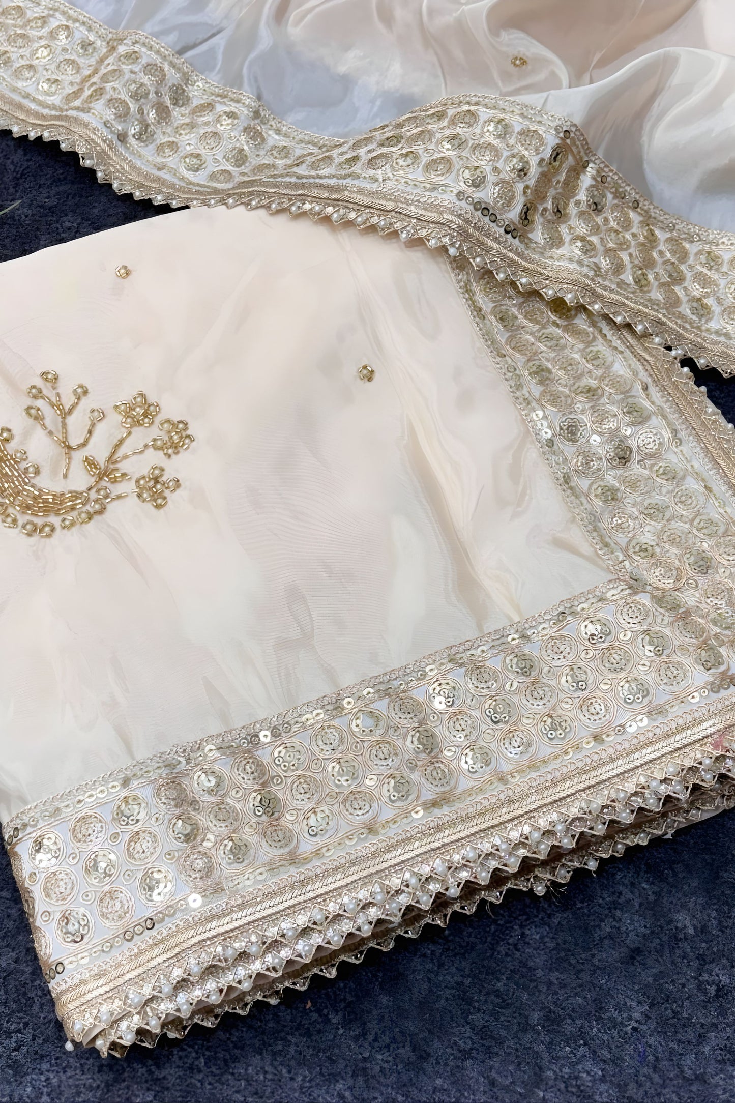 Off White Organza Silk Saree Heavy Golden Embroidered Border Sequins Work