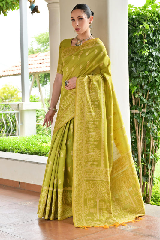 Olive Green Cotton Silk Saree with Traditional Woven Border