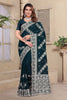 Teal Green Embroidered Georgette Saree with Silver Floral Thread Work and Matching Blouse Piece