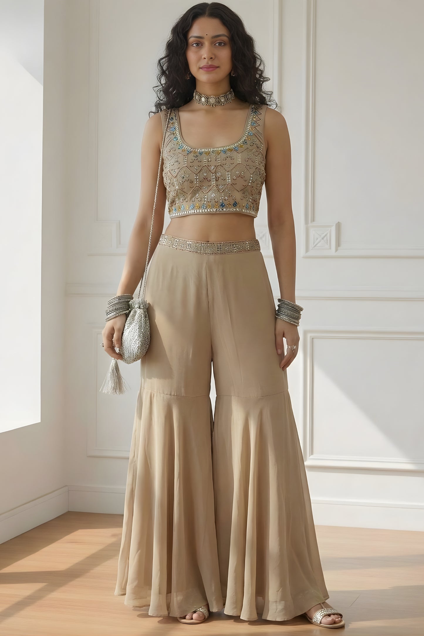 Stylish Beige Embroidered Georgette Palazzo Set with Crop Top and Long Shrug