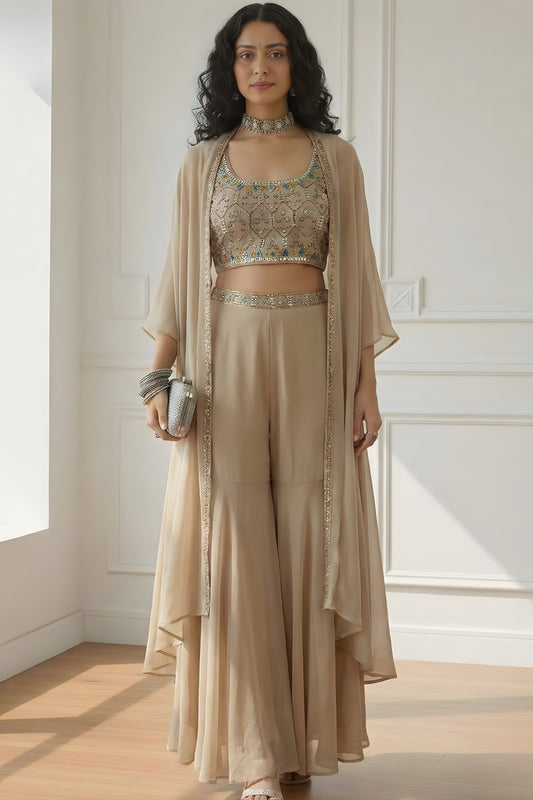 Stylish Beige Embroidered Georgette Palazzo Set with Crop Top and Long Shrug