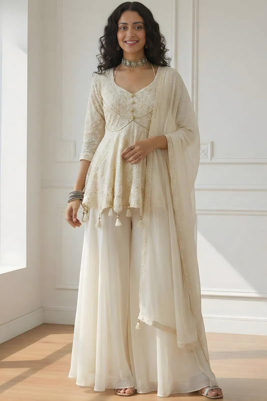 Trendy Off-White Embroidered Georgette Palazzo Set with Dupatta for Wedding