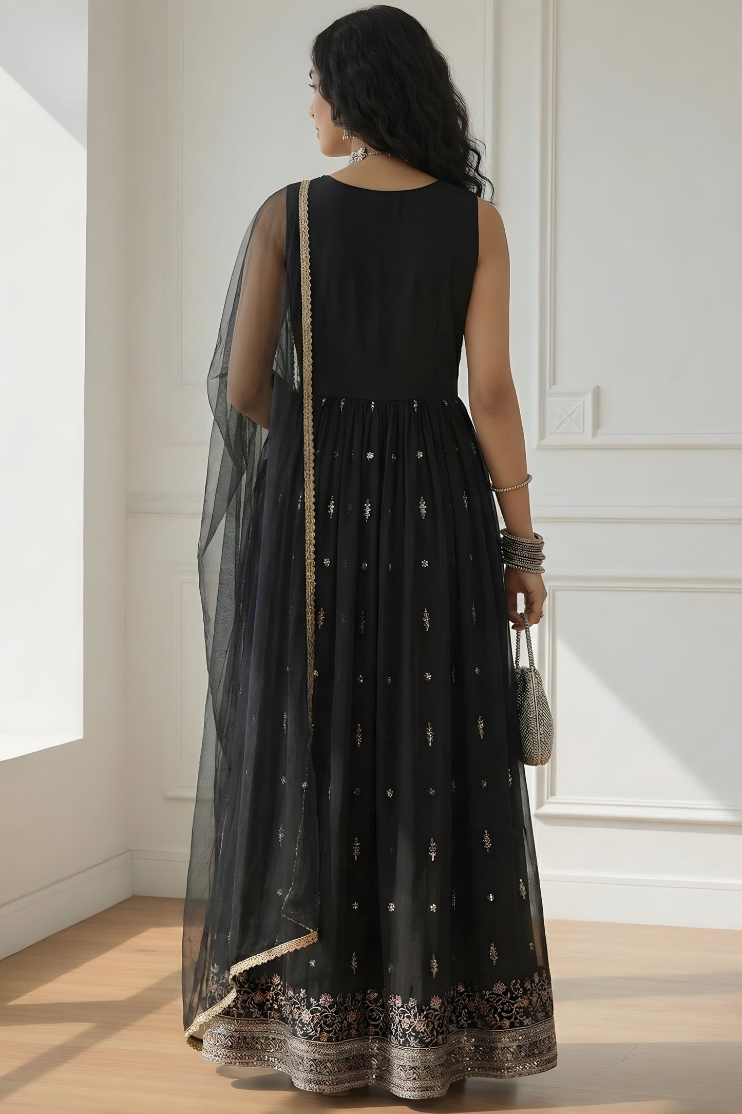 Vintage Black Embroidered Rangoli Silk Anarkali Suit with Dupatta for Wedding