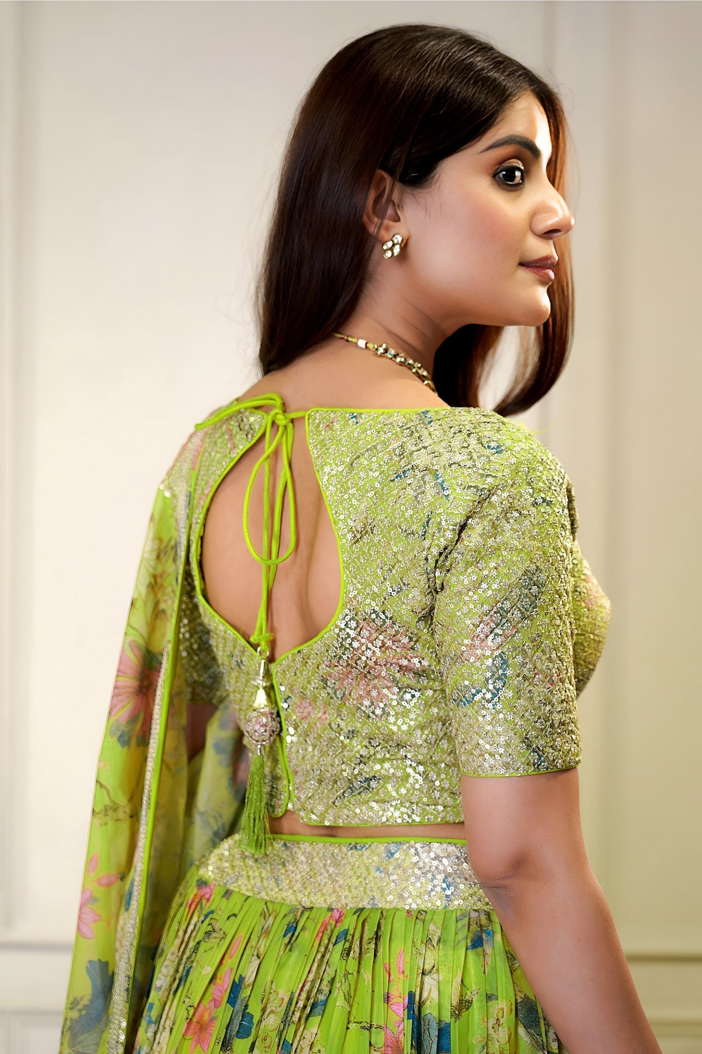 Elegant Lime Yellow Floral Printed Lehenga Choli with Mirror Work and Matching Dupatta for Wedding