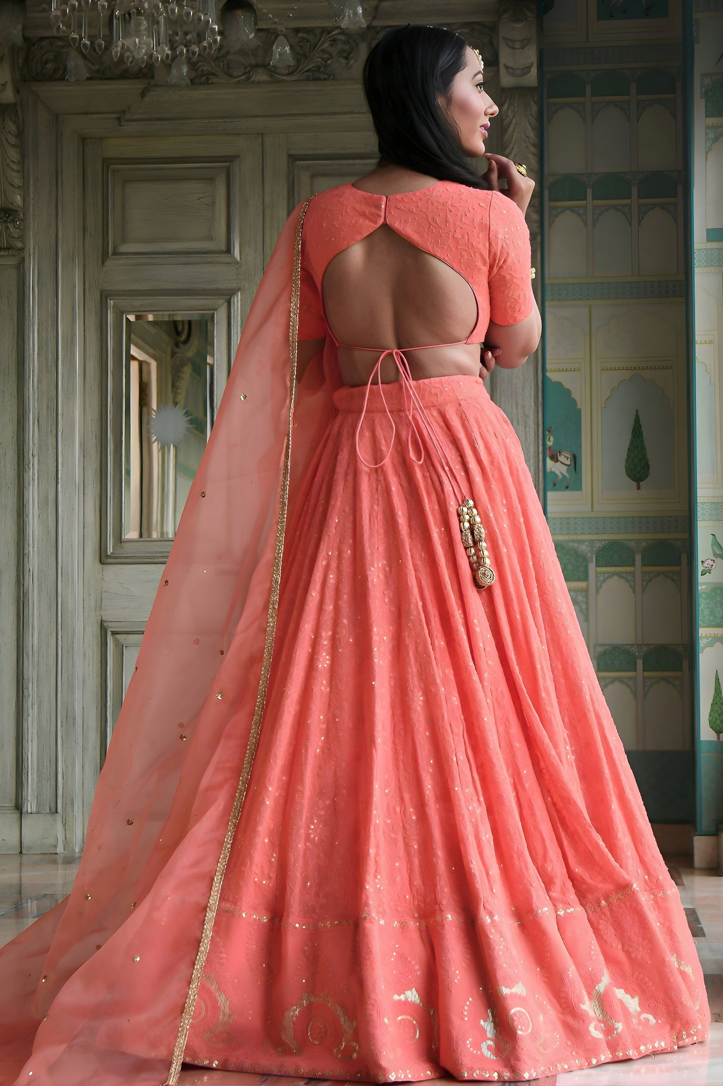 Elegant Peach Georgette Embroidered Lehenga Choli with Designer Dupatta for Women