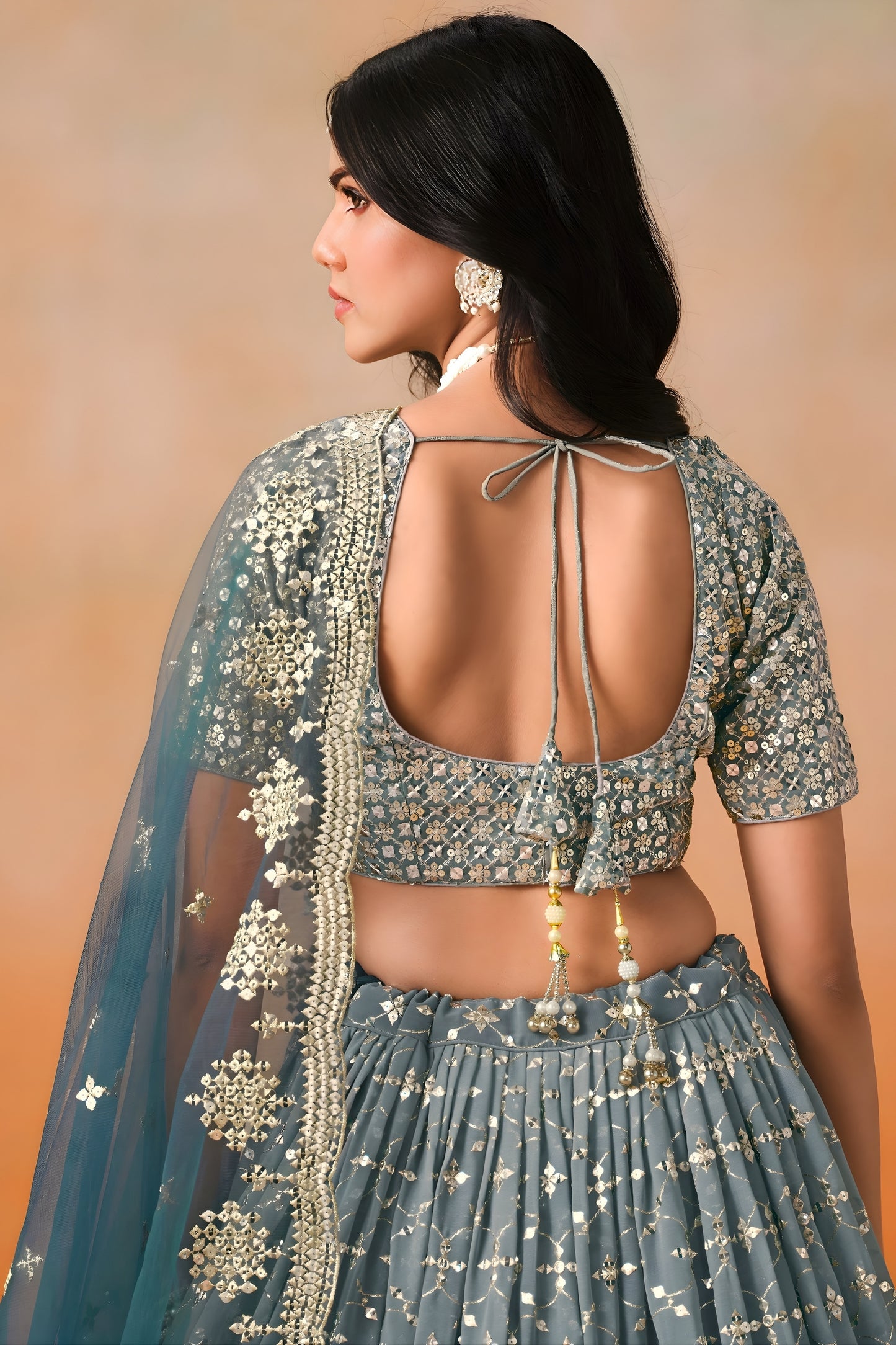 Stunning Dove Blue Georgette Embroidered Lehenga Choli with Soft Net Dupatta