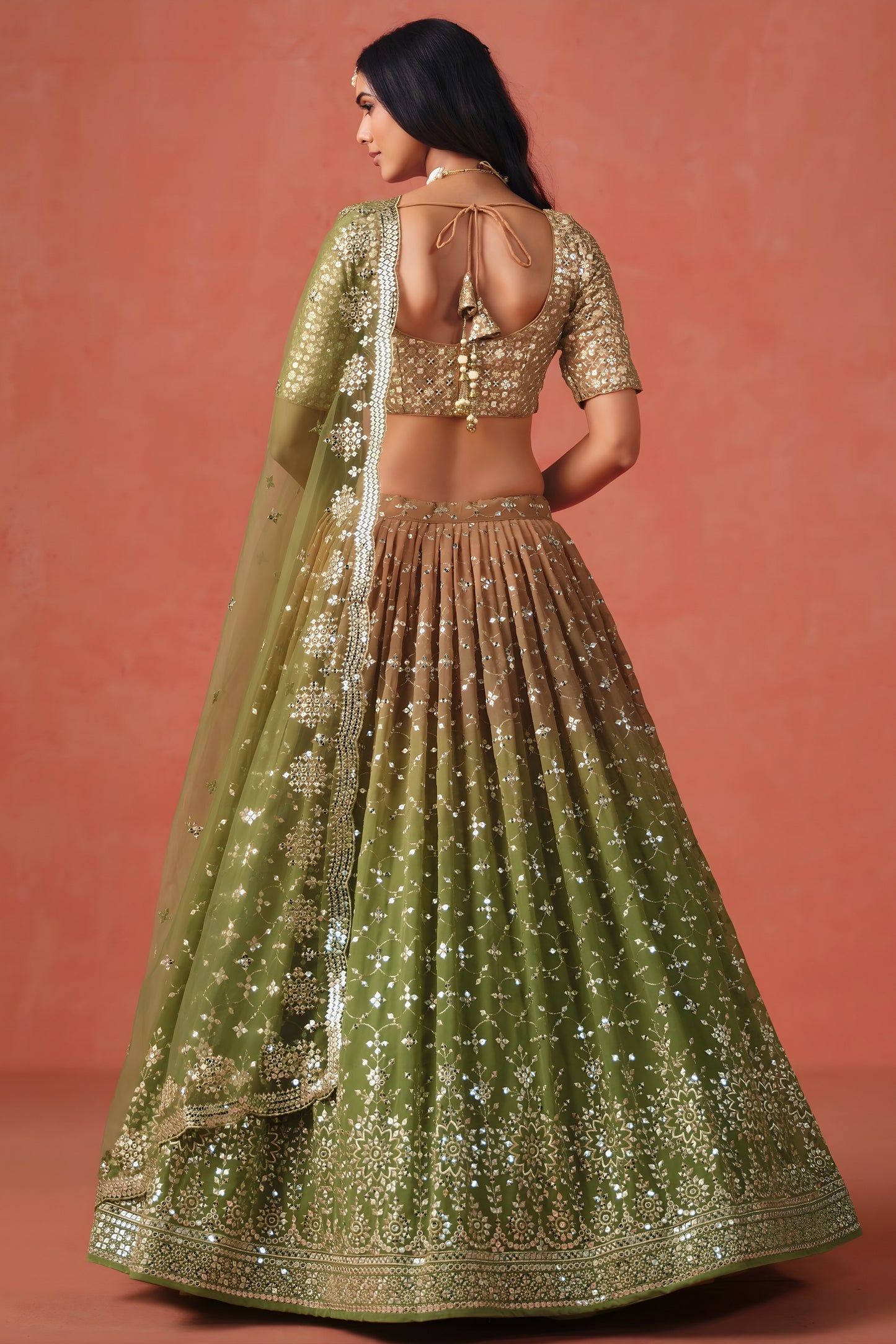 Traditional Mehndi Green Georgette Embroidered Lehenga Choli with Soft Net Dupatta