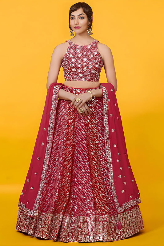 Graceful Red Georgette Embroidered Lehenga Choli with Designer Dupatta for Women