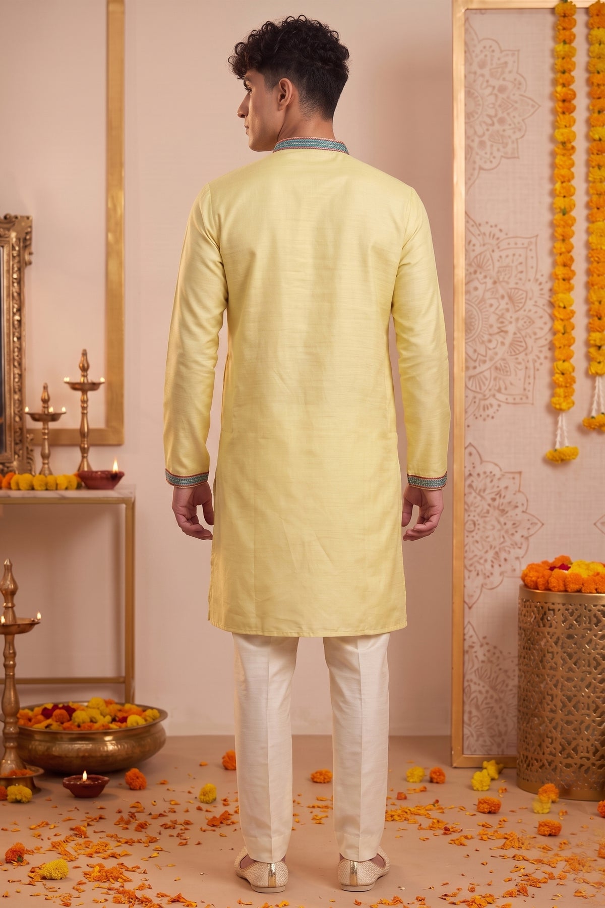 Trendy Yellow Synthetic Silk Embroidered Kurta Pajama Set for Men with Dandiya Work
