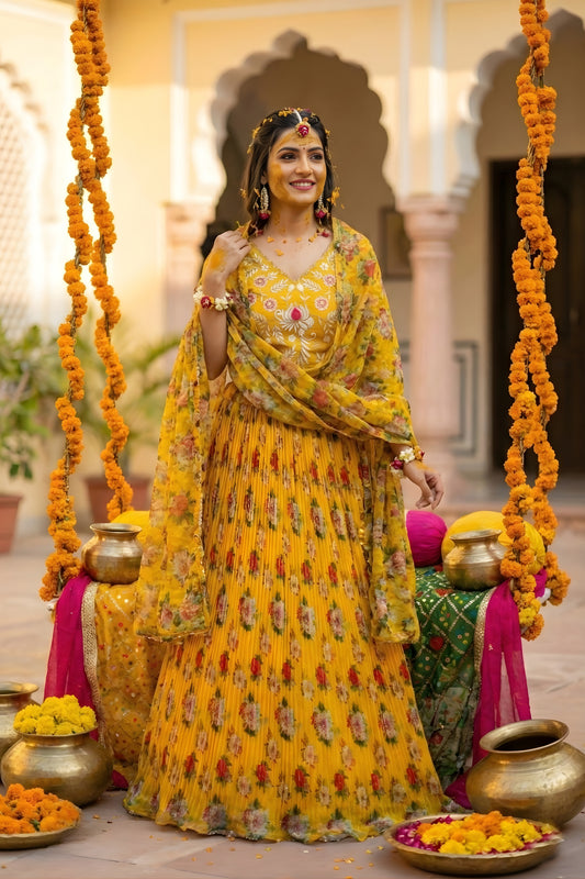 Amazing Yellow Floral Printed Organza Lehenga Choli Set with Dupatta for Haldi Ceremony
