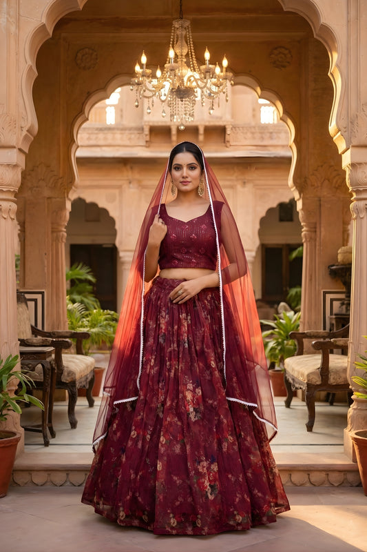 Unique Maroon Floral Printed Organza Lehenga Choli Set with Dupatta for Wedding