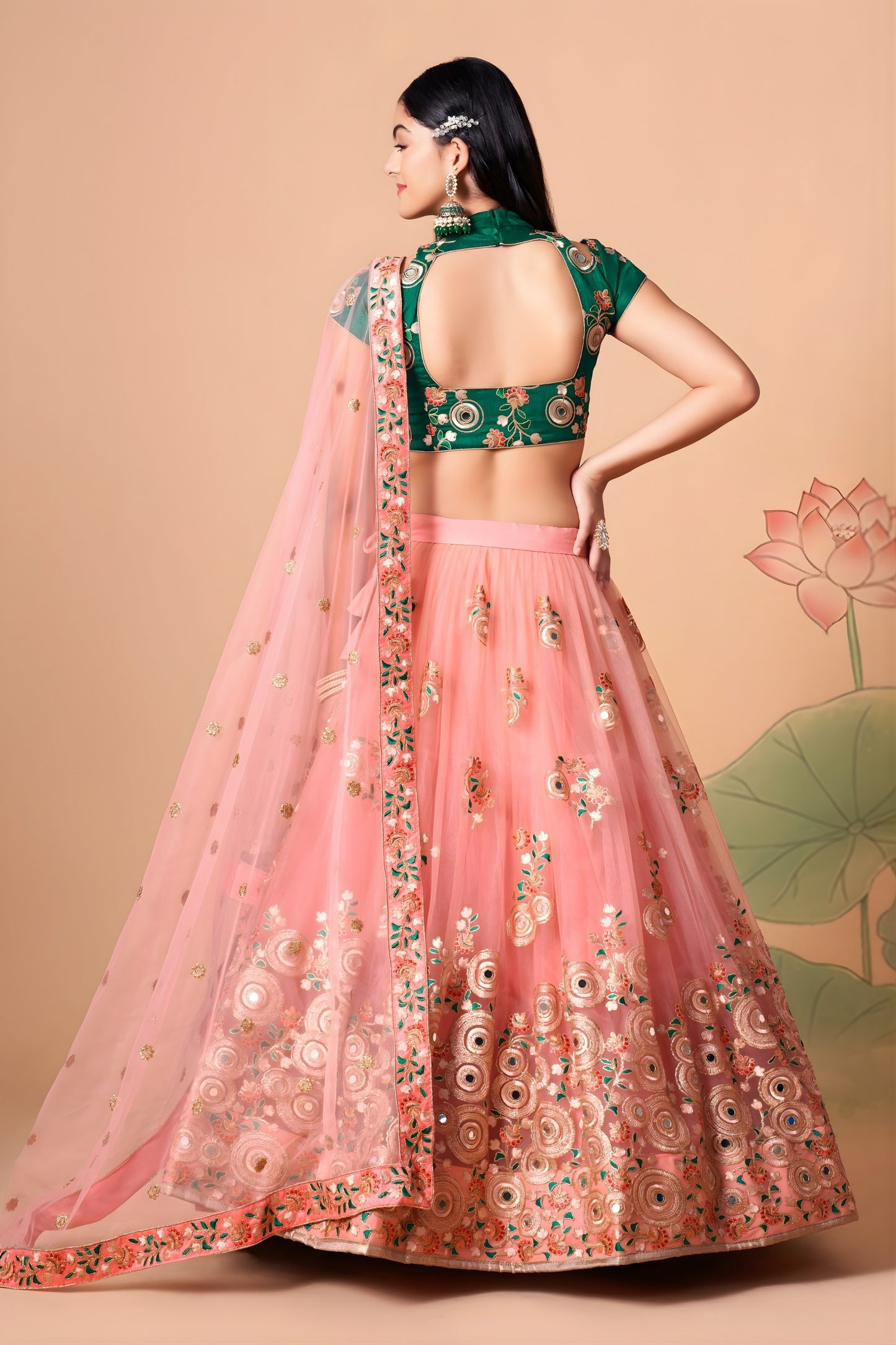 Elegant Peach Soft Net Embroidered Lehenga Choli with Green Silk Blouse and Dupatta