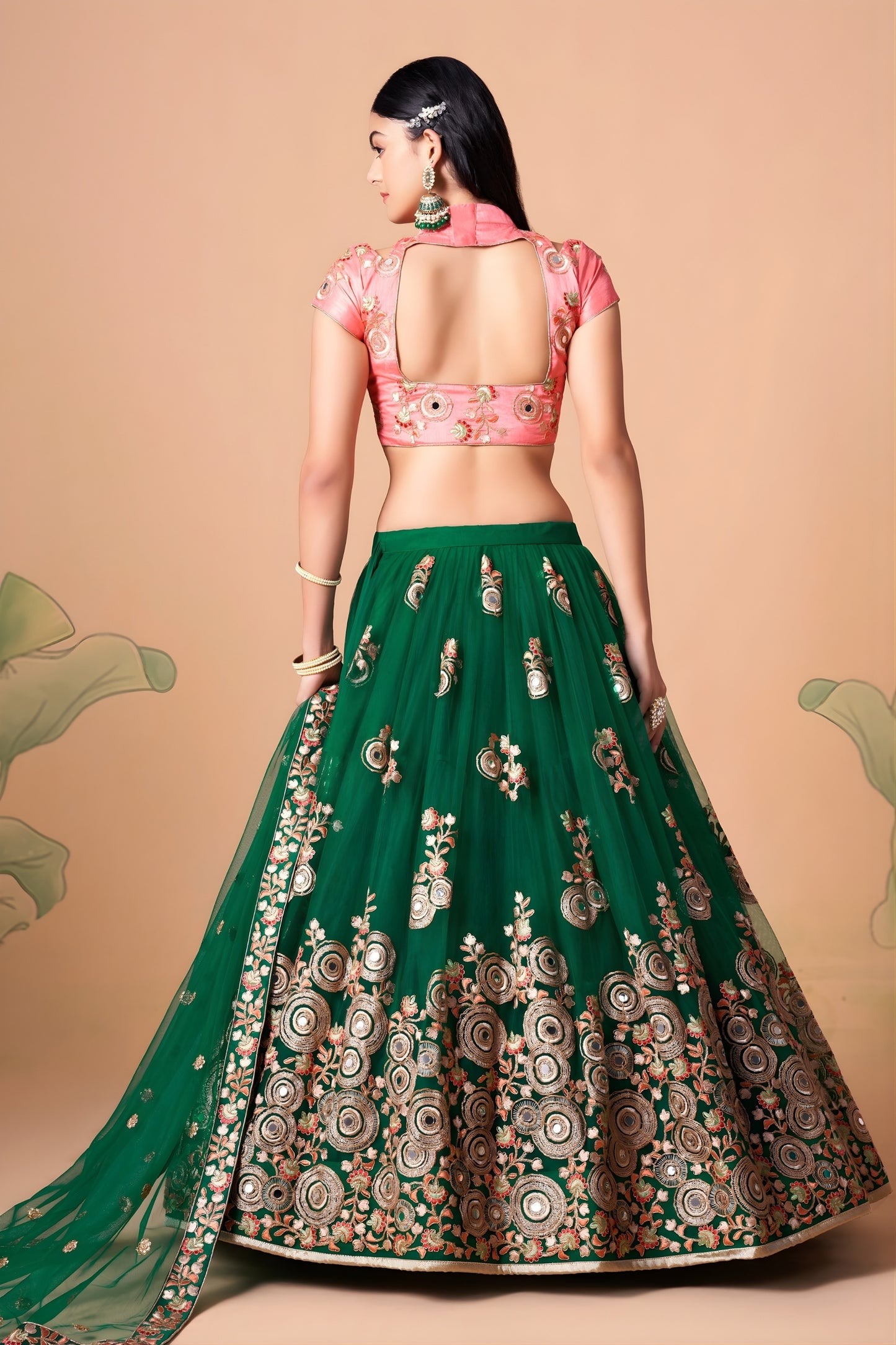 Stunning Green Soft Net Embroidered Lehenga Choli with Pink Silk Blouse and Dupatta