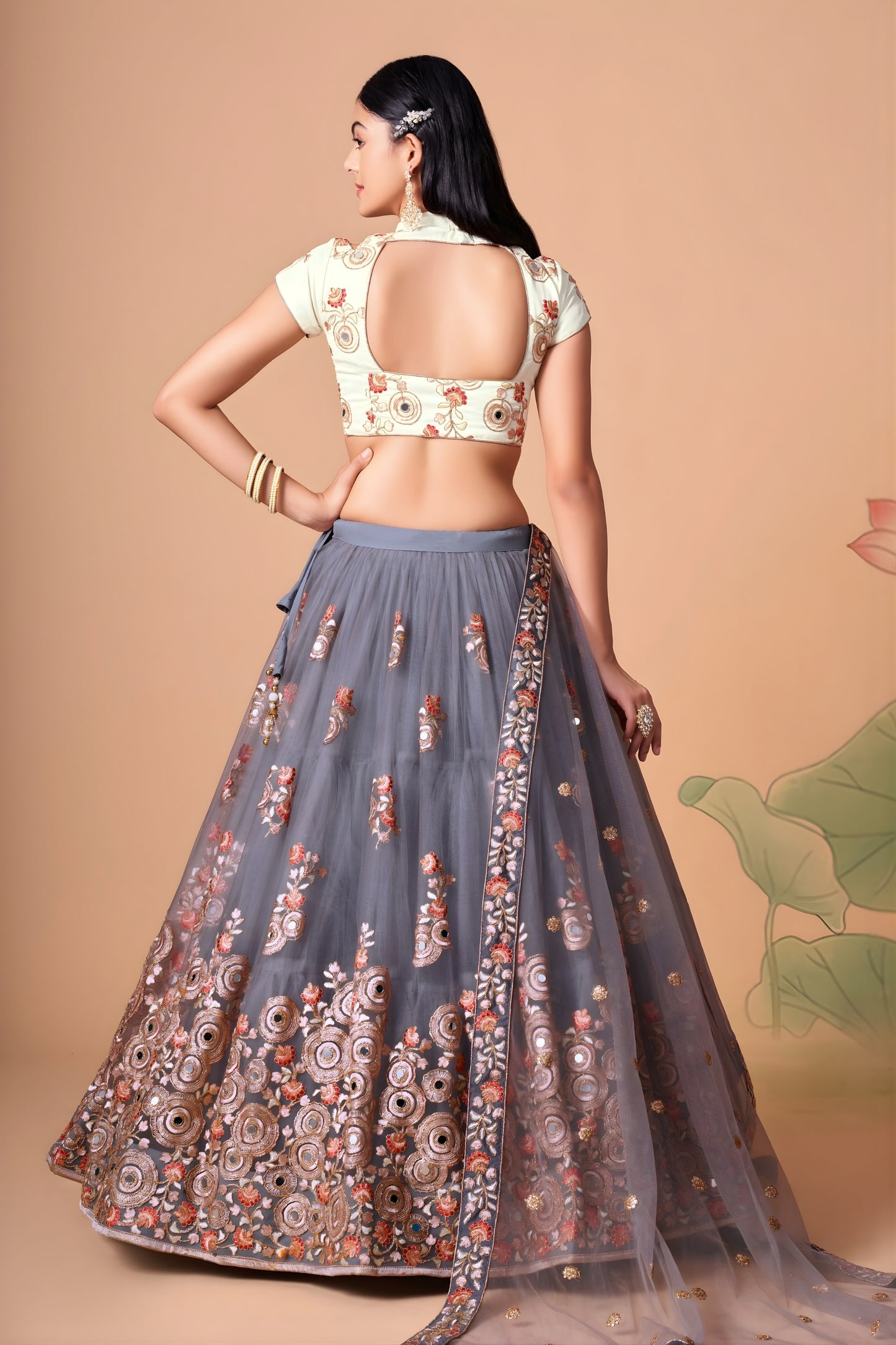 Designer Grey Soft Net Embroidered Lehenga Choli with Dupatta for Wedding