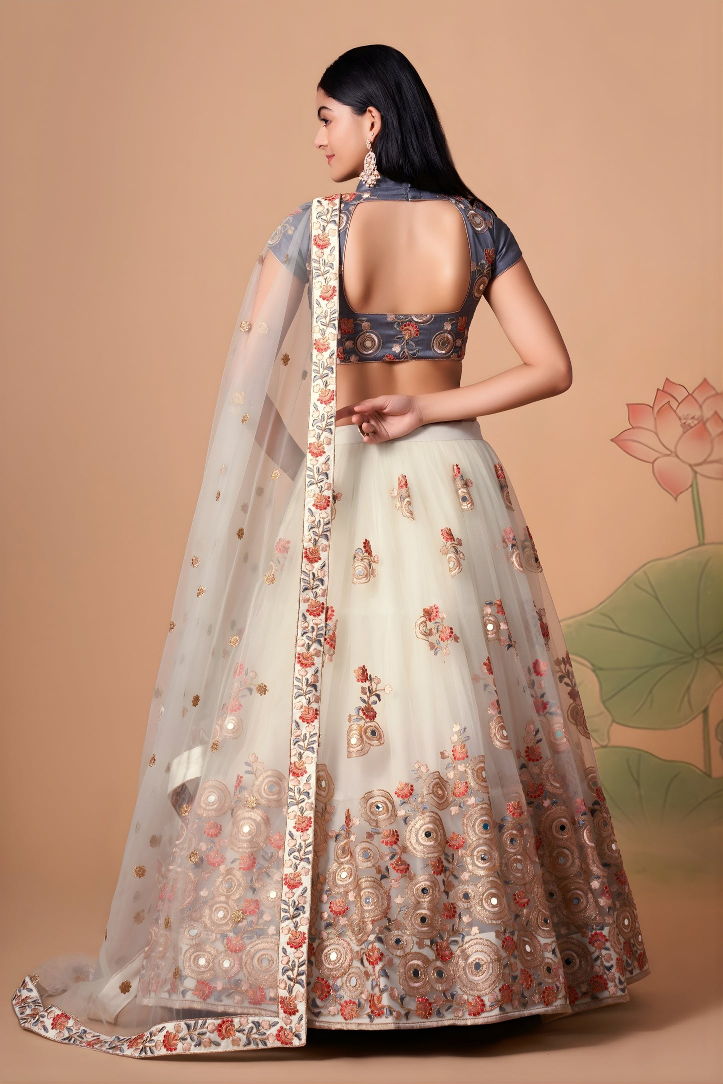 Charming Cream Soft Net Embroidered Lehenga Choli with Grey Blouse and Dupatta