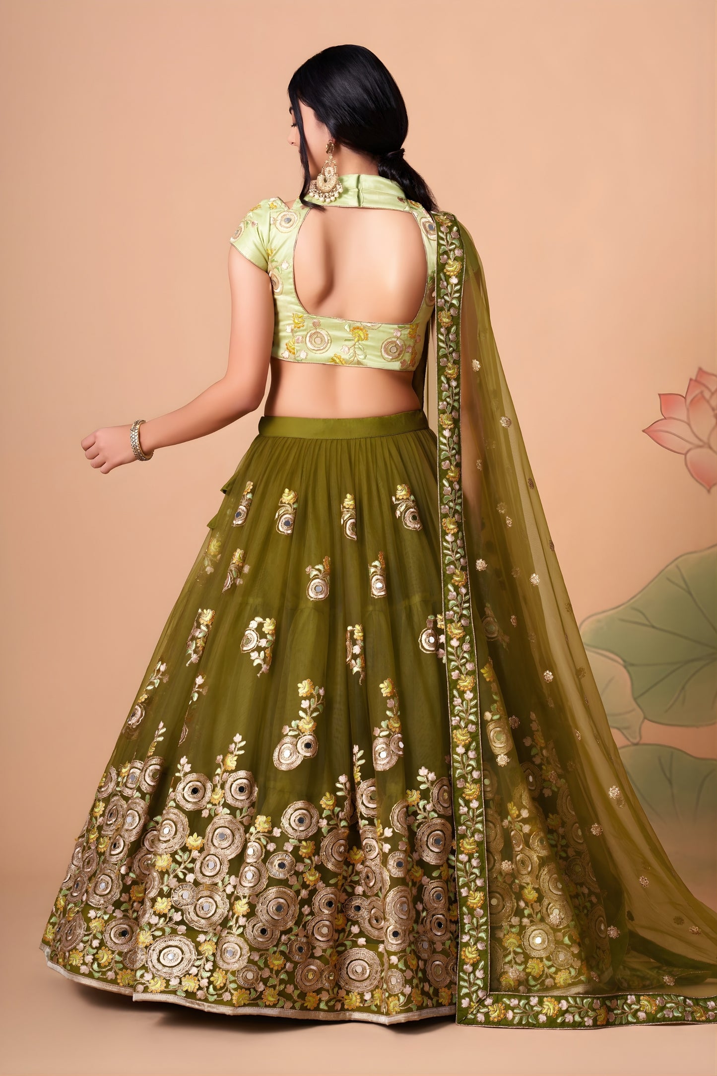 Elegant Olive Green Soft Net Embroidered Lehenga Choli with Pista Green Blouse and Dupatta