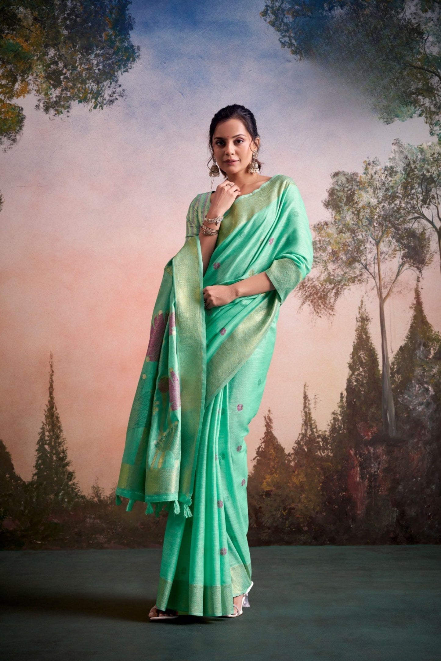 Graceful Mint Green Linen Silk Soft Saree Floral Woven Zari Border for Women