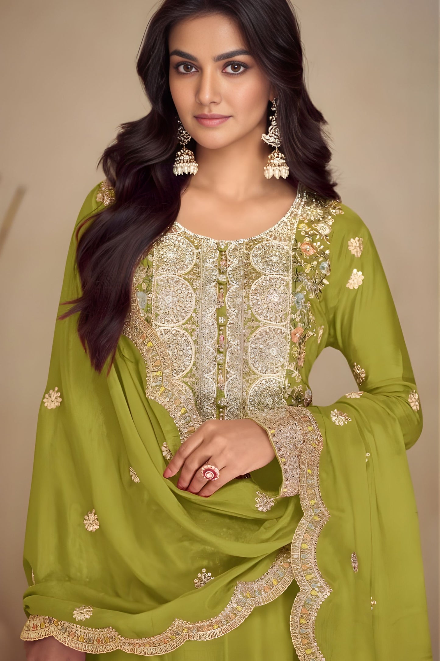 Royal Pista Green Silk Heavy Embroidered Straight Palazzo Suit Designer Dupatta