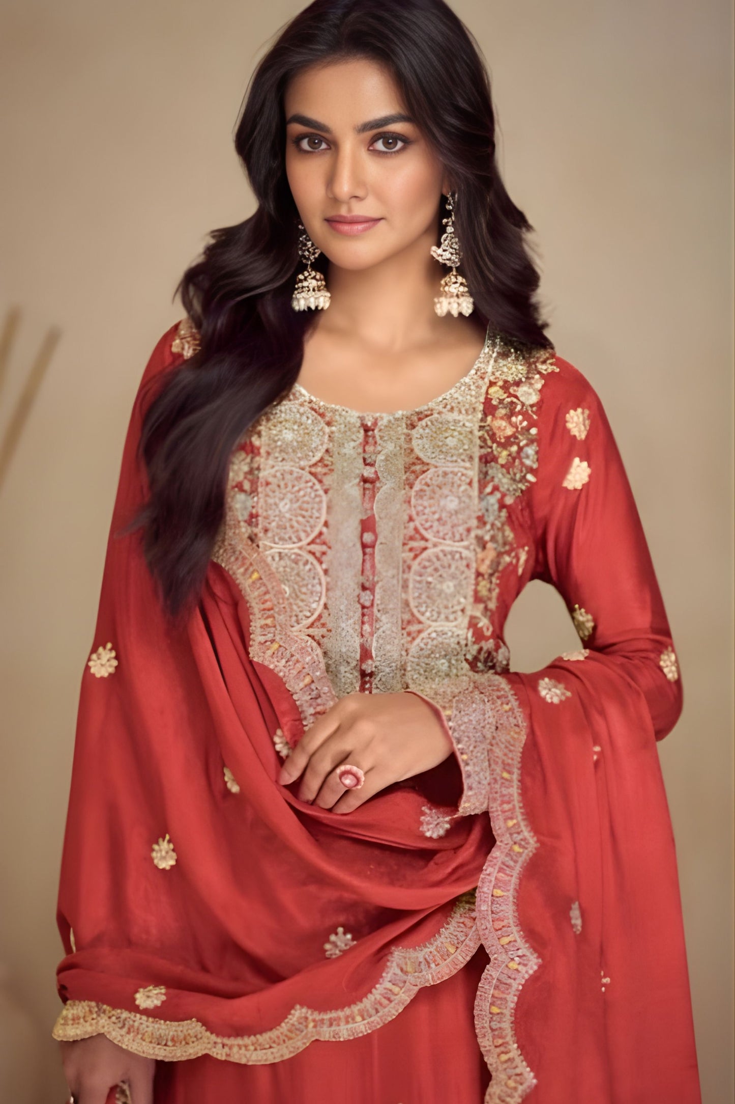 Stylish Coral Red Silk Heavy Embroidered Straight Palazzo Suit Designer Dupatta