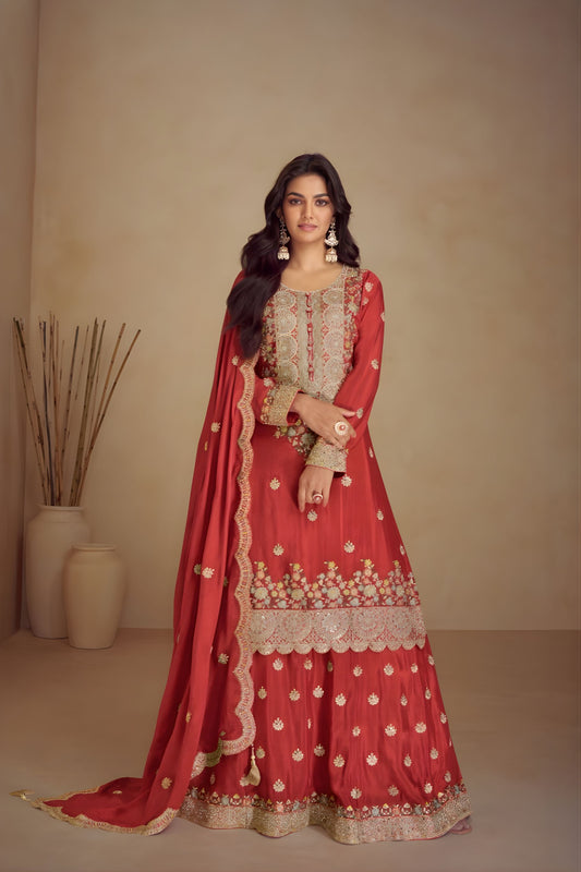 Stylish Coral Red Silk Heavy Embroidered Straight Palazzo Suit Designer Dupatta